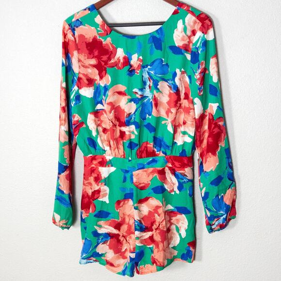 Lulus Floral Romper Open Back Green Multicolor Size Large Romantic - Picture 2 of 12
